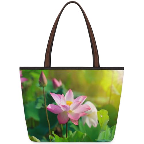 Lotus Flower Floral Tote Bag for Ladies Women Girls Large Handbag 10.4 L Big Capacity Zipper Shoulder Bag for School Travel Work, farbig, Medium von WowPrint