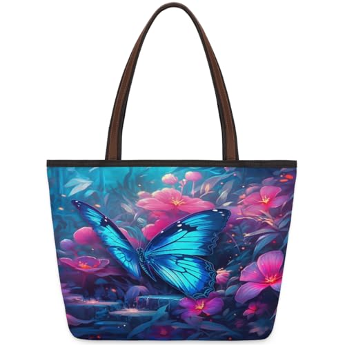 Magic Butterfly Flower Tote Bag for Ladies Women Girls Large Handbag 10.4L Big Capacity Zipper Shoulder Bag for School Travel Work, farbig, Large von WowPrint