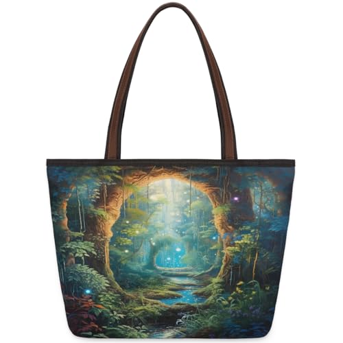 Magic Forest Tree Landscape Tote Bag for Ladies Women Girls Large Handbag 10.4 L Big Capacity Zipper Shoulder Bag for School Travel Work, farbig, Large von WowPrint