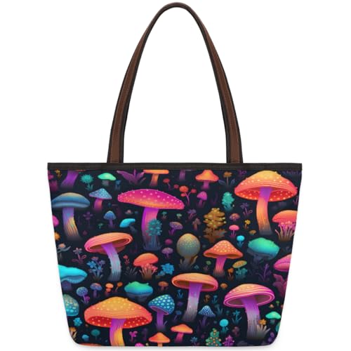 Magic Mushroom Flower Tote Bag for Ladies Women Girls Large Handbag 10.4L Big Capacity Zipper Shoulder Bag for School Travel Work, farbig, Medium von WowPrint