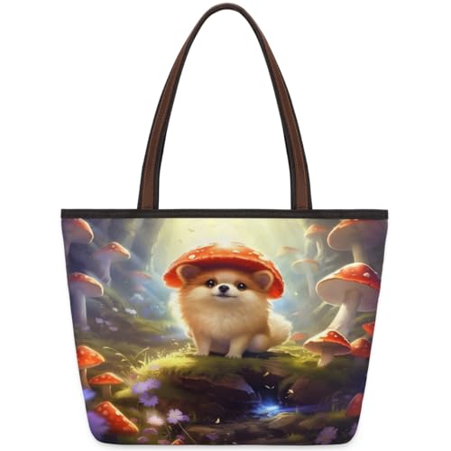 Magic Mushroom Forest Dog Tote Bag for Ladies Women Girls Large Handbag 10.4L Big Capacity Zipper Shoulder Bag for School Travel Work, farbig, Medium von WowPrint