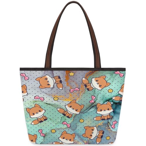 Marble Fox Print Tote Bag for Girls Ladies Women, Marble Fox Print Large Handbag 10.4L Big Capacity Zipper Shoulder Bag for School Travel Work, farbig, Large von WowPrint