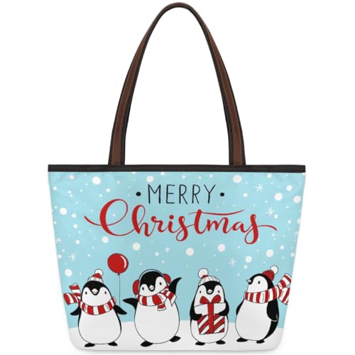 Merry Christmas Pinguin Tote Bag for Ladies Women Girls Merry Christmas Penguin Large Handbag 10.4L Big Capacity Zipper Shoulder Bag for School Travel Work, farbig, Large von WowPrint