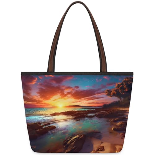 Morning Tropical Beach Tote Bag for Ladies Women Girls Large Handbag 10.4L Big Capacity Zipper Shoulder Bag for School Travel Work, farbig, Medium von WowPrint