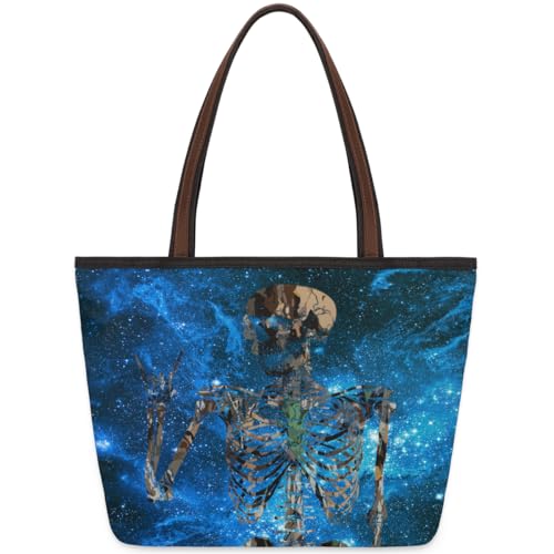 Night Galaxy Skull Tote Bag for Girls Ladies Women, Night Galaxy Skull Large Handbag 10.4L Big Capacity Zipper Shoulder Bag for School Travel Work, farbig, Medium von WowPrint