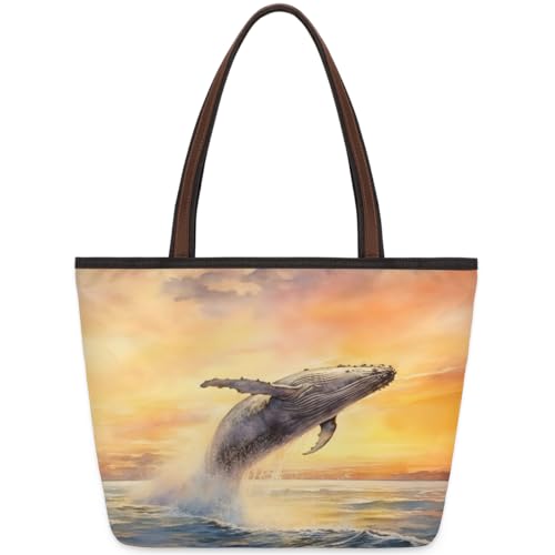 Ocean Animals Whale Tote Bag for Ladies Women Girls Large Handbag 10.4L Big Capacity Zipper Shoulder Bag for School Travel Work, farbig, Large von WowPrint