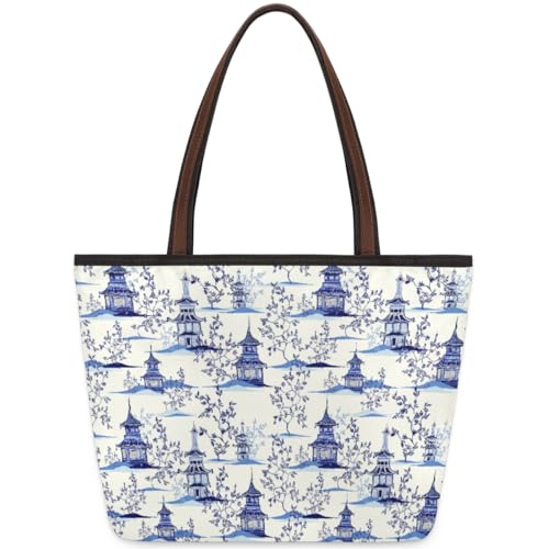 Pagoden-Tragetasche im Vintage-Stil, japanische blaue Tinte, für Damen, Mädchen, Vintage-Stil, japanische blaue Tinte, Pagoden, große Handtasche, 10,4 l, große Kapazität, Reißverschluss, von WowPrint