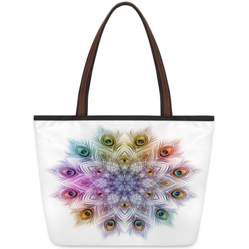 Peacock Feathers Mandala Tote Bag for Ladies Women Girls Peacock Feathers Mandala Large Handbag 10.4L Big Capacity Zipper Shoulder Bag for School Travel Work, farbig, Medium von WowPrint