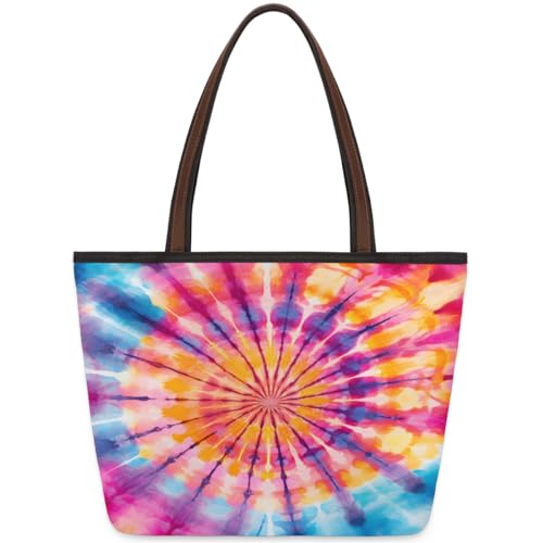 Rainbow Tie Dye Tote Bag for Ladies Women Girls Large Handbag 10.4L Big Capacity Zipper Shoulder Bag for School Travel Work, farbig, Large von WowPrint