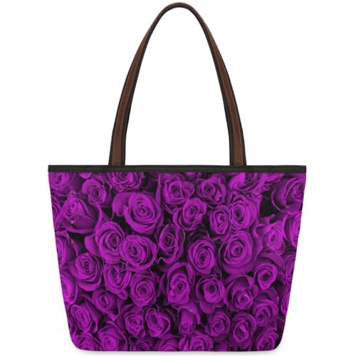 Rose Flower Purple Tote Bag for Ladies Women Girls Large Handbag 10.4L Big Capacity Zipper Shoulder Bag for School Travel Work, farbig, Large von WowPrint