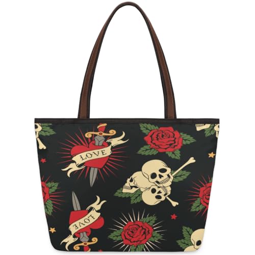 Roses Heart Skull Tote Bag for Ladies Women Girls Roses Heart Skull Large Handbag 10.4L Big Capacity Zipper Shoulder Bag for School Travel Work, farbig, Medium von WowPrint