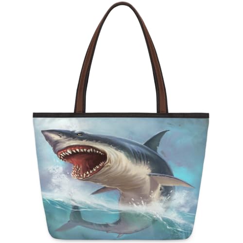 Shark Great White Tote Bag for Ladies Women Girls Shark Great White Large Handbag 10.4 L Big Capacity Zipper Shoulder Bag for School Travel Work, farbig, Medium von WowPrint