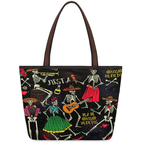 Skeleton Dance Day Of The Dead Tote Bag for Ladies Women Girls Skelett Dance Day Of The Dead Large Handbag 10.4L Big Capacity Zipper Shoulder Bag for School Travel Work, farbig, Large von WowPrint