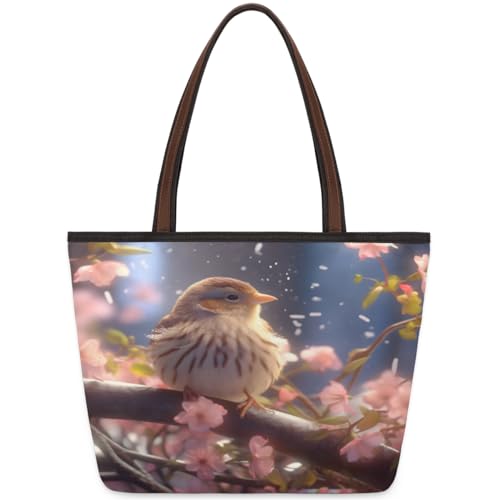 Spring Bird Cherry Blossom Tote Bag for Ladies Women Girls Large Handbag 10.4L Big Capacity Zipper Shoulder Bag for School Travel Work, farbig, Large von WowPrint