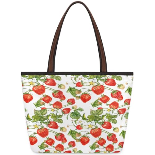 Spring Strawberries Leaves Tote Bag for Ladies Women Girls Spring Strawberries Leaves Large Handbag 10.4L Big Capacity Zipper Shoulder Bag for School Travel Work, farbig, Large von WowPrint