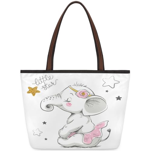 Star Cute Elephant Tote Bag for Ladies Women Girls Star Cute Elephant Large Handbag 10.4L Big Capacity Zipper Shoulder Bag for School Travel Work, farbig, Large von WowPrint