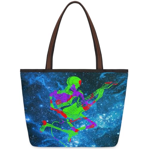 Stars Galaxy Rock Skull Tote Bag for Girls Ladies Women, Stars Galaxy Rock Skull Large Handbag 10.4L Big Capacity Zipper Shoulder Bag for School Travel Work, farbig, Large von WowPrint