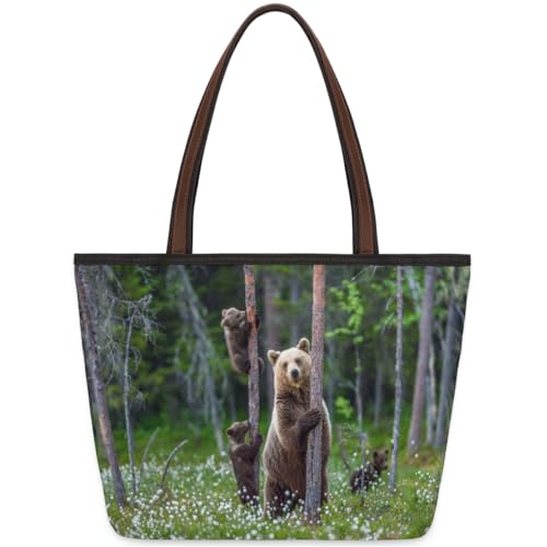 Summer Forest Brown Bear Tote Bag for Ladies Women Girls Summer Forest Brown Bear Large Handbag 10.4L Big Capacity Zipper Shoulder Bag for School Travel Work, farbig, Large von WowPrint