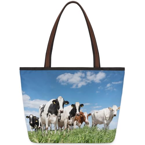 Summer Meadow Cows Tote Bag for Ladies Women Girls Summer Meadow Cows Large Handbag 10.4L Big Capacity Zipper Shoulder Bag for School Travel Work, farbig, Large von WowPrint