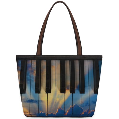 Sunset Clouds Piano Tote Bag for Ladies Women Girls Sunset Clouds Piano Large Handbag 10.4 L Big Capacity Zipper Shoulder Bag for School Travel Work, farbig, Medium von WowPrint