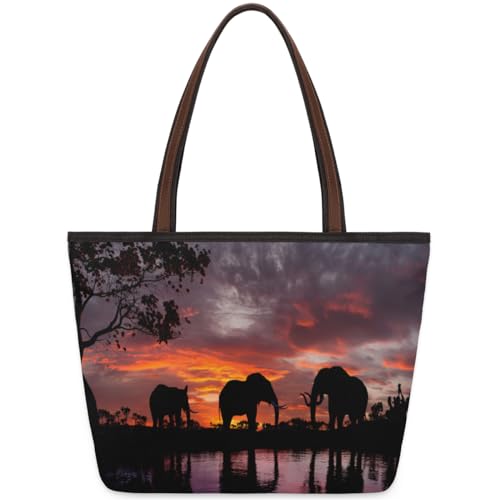 Sunset Wild Elephants Tote Bag for Ladies Women Girls Sunset Wild Elephants Large Handbag 10.4L Big Capacity Zipper Shoulder Bag for School Travel Work, farbig, Medium von WowPrint