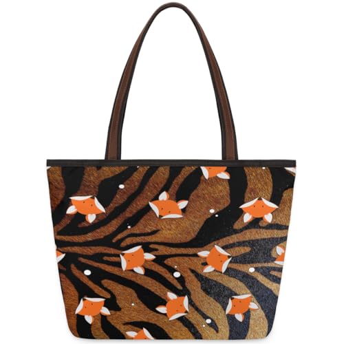 Tiger Animal Fox Tote Bag for Girls Ladies Women, Tiger Animal Fox Large Handbag 10.4L Big Capacity Zipper Shoulder Bag for School Travel Work, farbig, Large von WowPrint