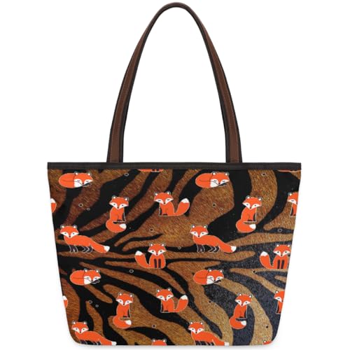 Tiger Fox Print Tote Bag for Girls Ladies Women, Tiger Fox Print Large Handbag 10.4L Big Capacity Zipper Shoulder Bag for School Travel Work, farbig, Large von WowPrint