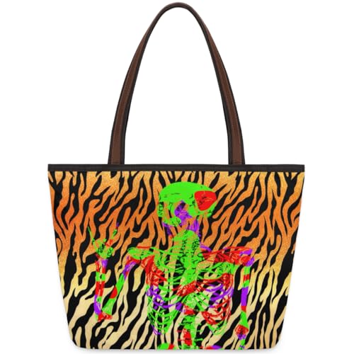 Tiger Skull Retro Tote Bag for Girls Ladies Women, Tiger Skull Retro Large Handbag 10.4L Big Capacity Zipper Shoulder Bag for School Travel Work, farbig, Medium von WowPrint