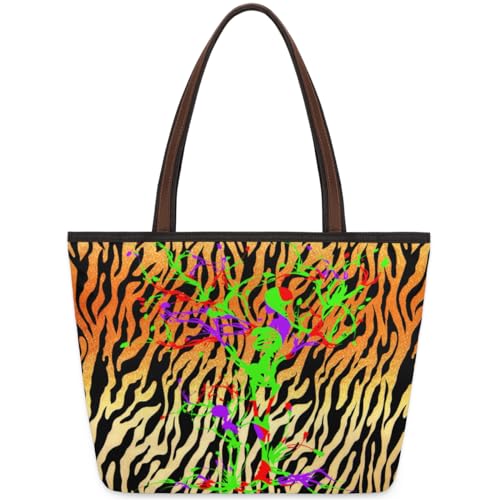 Tree Skull Tiger Tote Bag for Girls Ladies Women, Tree Skull Tiger Large Handbag 10.4L Big Capacity Zipper Shoulder Bag for School Travel Work, farbig, Large von WowPrint