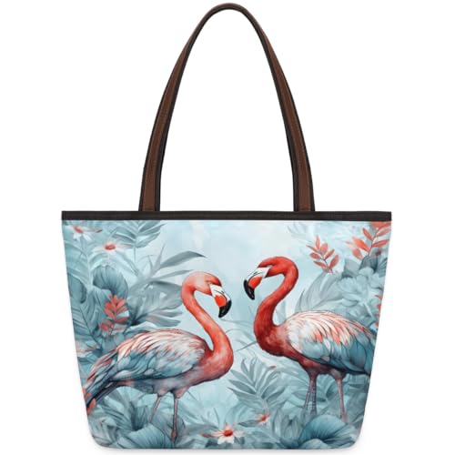 Tropic Flower Flamingo Tote Bag for Ladies Women Girls Large Handbag 10.4L Big Capacity Zipper Shoulder Bag for School Travel Work, farbig, Medium von WowPrint