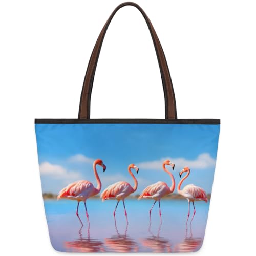 Tropic Sea Beach Flamingo Tote Bag for Ladies Women Girls Large Handbag 10.4 L Big Capacity Zipper Shoulder Bag for School Travel Work, farbig, Large von WowPrint