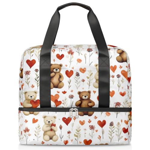 Valentine Day Flower Bear Sports Duffle Bag for Women Men Boys Kirls Weekend Overnight Bags Wet Separated 21L Tote Bag for Travel Gym Yoga, farbe, 21L, Taschen-Organizer von WowPrint