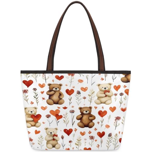 Valentine Day Flower Bear Tote Bag for Ladies Women Girls Large Handbag 10.4 L Big Capacity Zipper Shoulder Bag for School Travel Work, farbig, Large von WowPrint