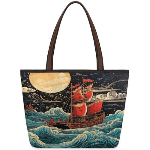 Vintage Japan Ocean Nautical Ship Tote Bag for Ladies Women Girls Large Handbag 10.4L Big Capacity Zipper Shoulder Bag for School Travel Work, farbig, Large von WowPrint