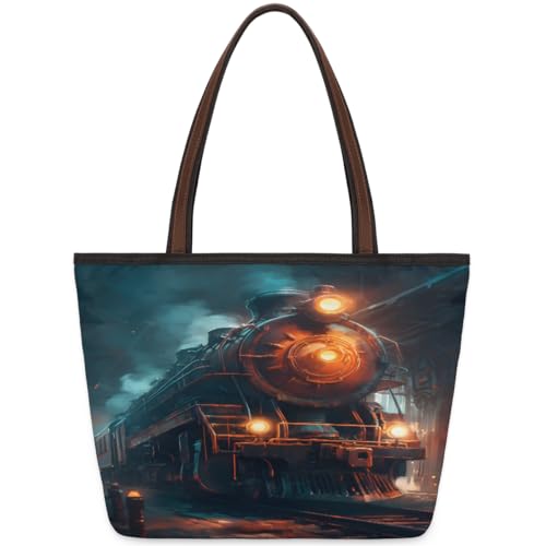 Vintage Old Steam Train Tote Bag for Ladies Women Girls Large Handbag 10.4L Big Capacity Zipper Shoulder Bag for School Travel Work, farbig, Large von WowPrint