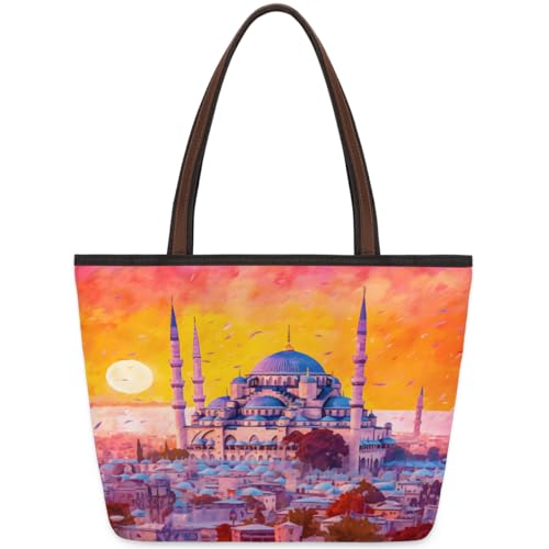 Watercolor Europe City Scenery Tote Bag for Ladies Women Girls Large Handbag 10.4 L Big Capacity Zipper Shoulder Bag for School Travel Work, farbig, Large von WowPrint