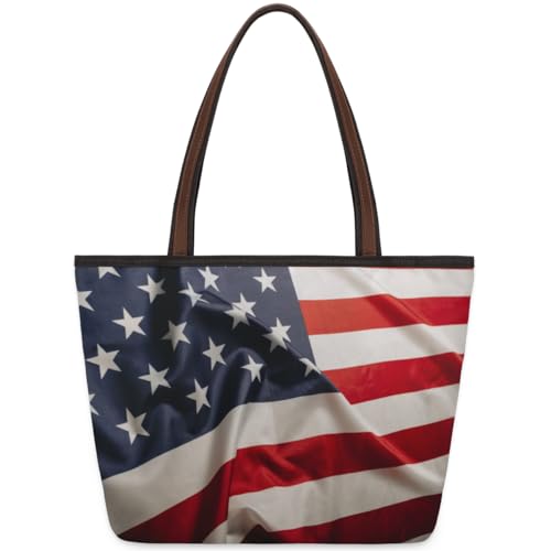 Waving American Flag Tote Bag for Ladies Women Girls Waving American Flag Large Handbag 10.4 L Big Capacity Zipper Shoulder Bag for School Travel Work, farbig, Large von WowPrint