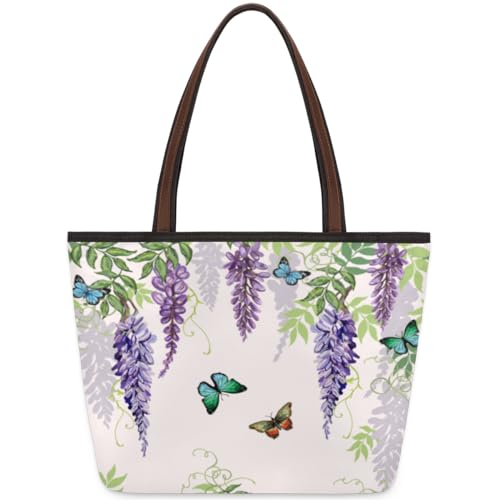 Wisteria Flowers Butterfly Tote Bag for Ladies Women Girls Wisteria Flowers Butterfly Large Handbag 10.4 L Big Capacity Zipper Shoulder Bag for School Travel Work, farbig, Medium von WowPrint