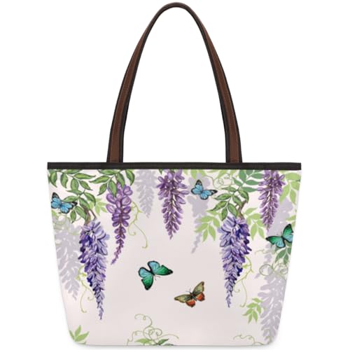 Wisteria Flowers Butterfly Tote Bag for Ladies Women Girls Wisteria Flowers Butterfly Large Handbag 10.4L Big Capacity Zipper Shoulder Bag for School Travel Work, farbig, Large von WowPrint