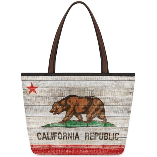 Wood California Flag Tote Bag for Ladies Women Girls Wood California Flag Large Handbag 10.4 L Big Capacity Zipper Shoulder Bag for School Travel Work, farbig, Large von WowPrint