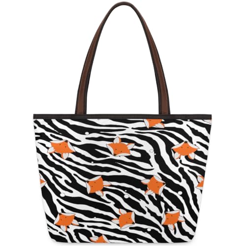 Zebra Animal Fox Tote Bag for Girls Ladies Women, Zebra Animal Fox Large Handbag 10.4L Big Capacity Zipper Shoulder Bag for School Travel Work, farbig, Large von WowPrint