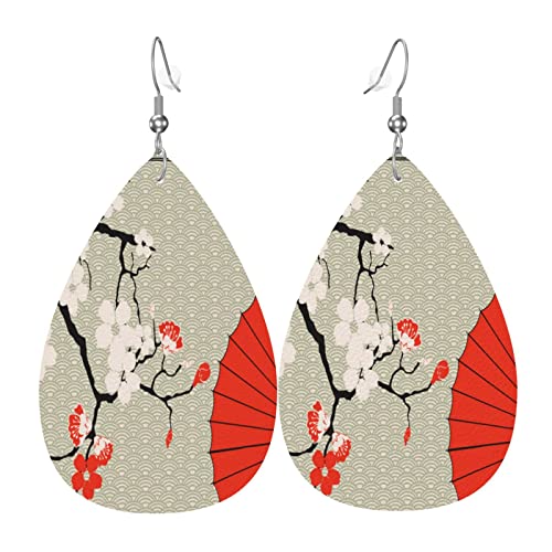 Japanische rote Regenschirm-Kirschblüten-Ohrringe, personalisierbar, Leder, Wassertropfen-Ohrringe für Damen und Mädchen, Einheitsgröße, Leder von Wpamlrta
