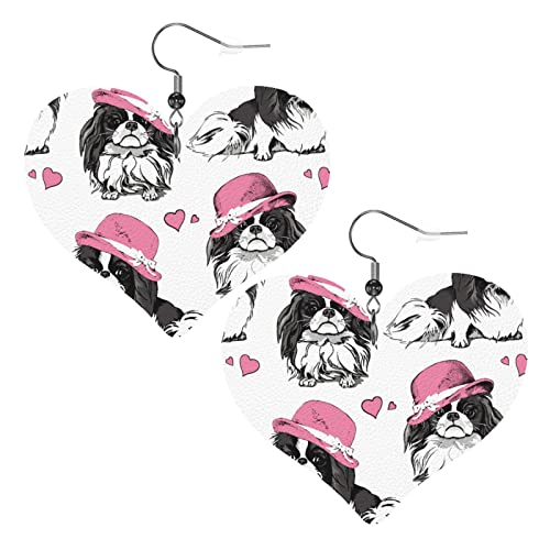 Ohrringe Japanischer Kinnhund in rosa Damenhut, Herzform, Lederohrring, leicht, Liebesherz, baumelnd für Frauen und Mädchen, Einheitsgröße, Leder von Wpamlrta