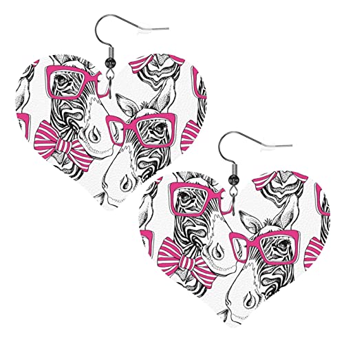 Ohrringe Zebra mit rosa Brille, Herzform, Lederohrring, leicht, Liebesherz, baumelnd für Frauen und Mädchen, Einheitsgröße, Leder von Wpamlrta