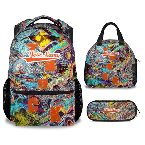 Wpamlrta Custom Truck Kinder-Rucksack mit Brotdose – Set mit 3 Schulrucksäcken, passende Kombination – niedliche grüne Büchertasche und Federmäppchen, 2-4 LKW, Einheitsgröße, Tagesrucksäcke von Wpamlrta