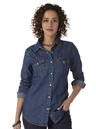 Wrangler Damen Retro Long Sleeve Western Snap Shirt Hemd, Dunkles Denim, Groß von Wrangler