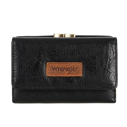 Wrangler Dreifach gefaltete Brieftaschen für Damen, Kreditkartenetui, Kartenetuis und Geldorganizer, Münzfach, schwarze Geldbörse für Damen und Mädchen, Retro Schwarz, Vintage von Wrangler