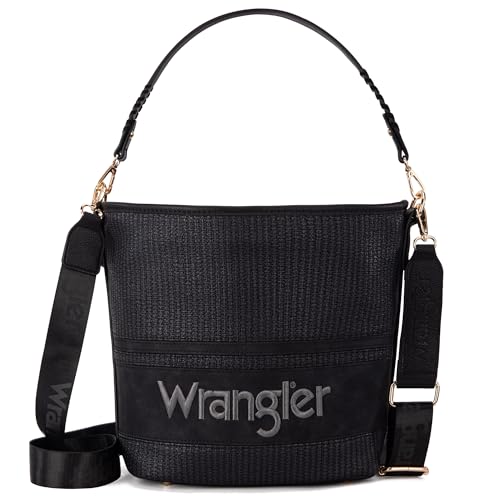 Wrangler Hobo Schultertasche Handtasche Gewebtes Gewebe Eimer Tragetasche für Frauen, Retro Schwarz von Wrangler