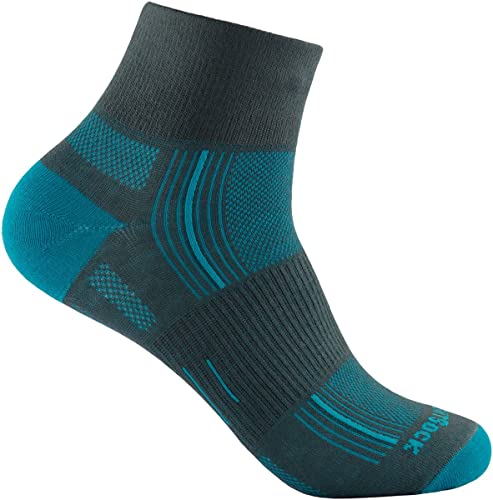 Wrightsock Profi Sportsocke, Laufsocke, Wandersocke in ash türkis petrol, Anti-Blasen-System, doppel-lagig, Quarter mittellang, Gr. L von Wrightsock