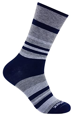 Wrightsock Profi Sportsocke, Laufsocke, Wandersocke in marine grau gestreift, Modell Eco Explore, Anti-Blasen-System, doppel-lagig, Crew (Wadenhoch), Gr. L von Wrightsock